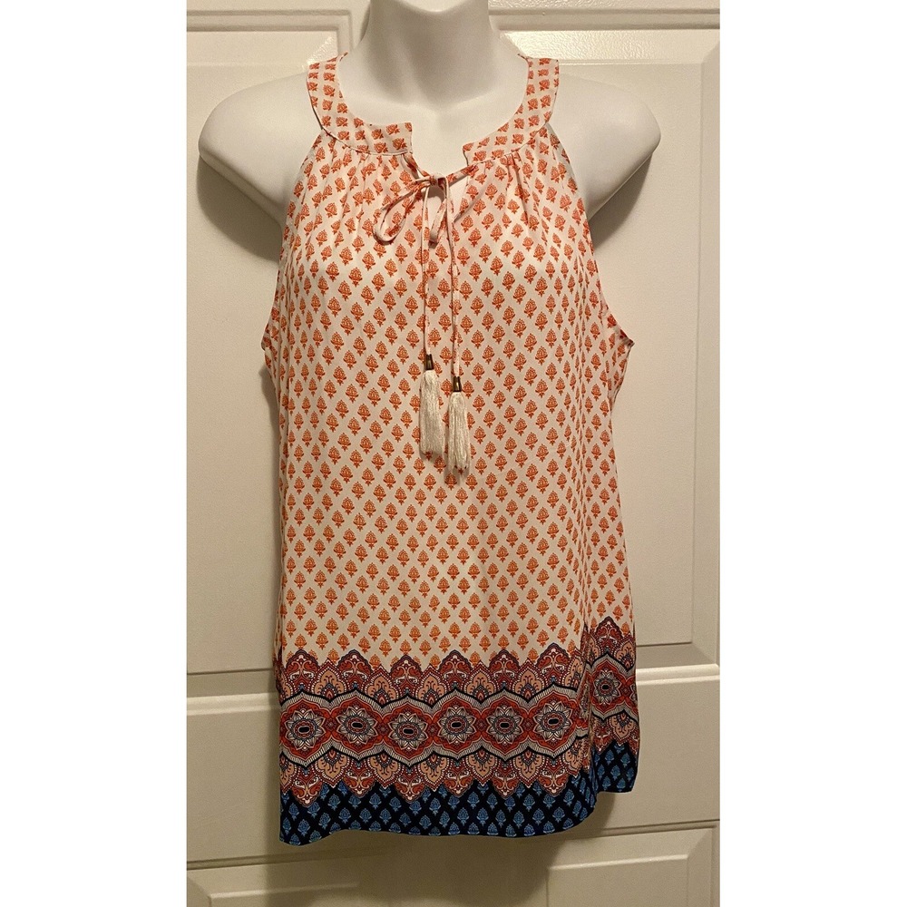 NEW Rose + Olive Women's Sleeveless Floral Boho Blouse Small Orange White Tassel